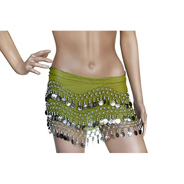 Chiffon Dangling Belly Dance Hip Scarf Wrap Belt for Halloween Costume 3Row Coin